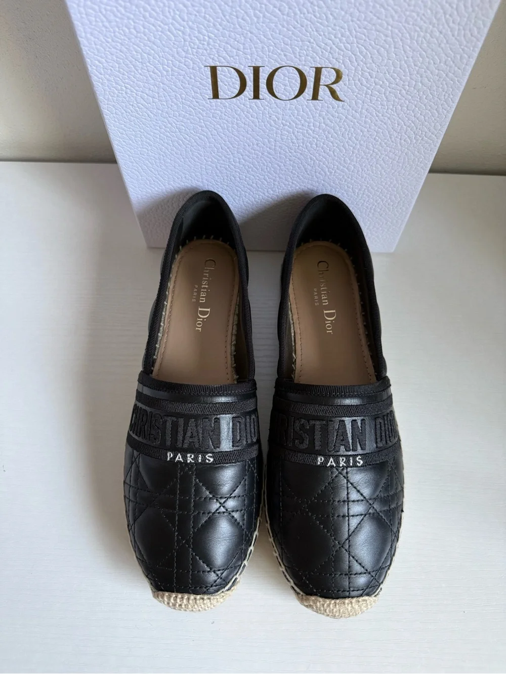 NIB Dior Granville Black Cannage Quilted Leather Espadrilles Logo Band